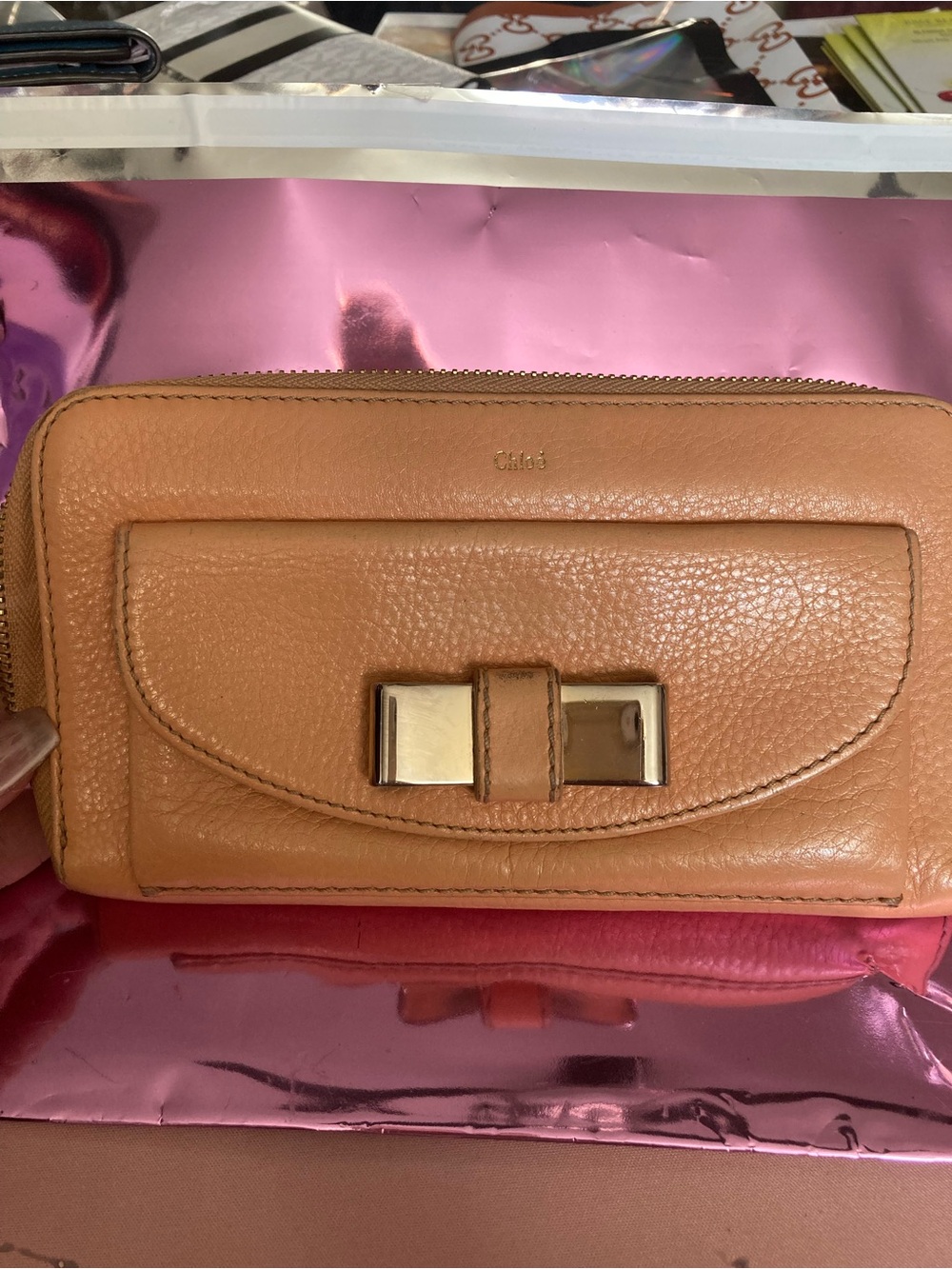 Chloe Tan Pebbled Leather Zip Wallet with Front Pocket